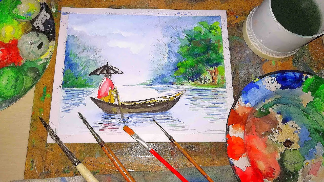 1280x720 boat on the river drawing watercolor bd moktadir mahi - River Boat Drawing