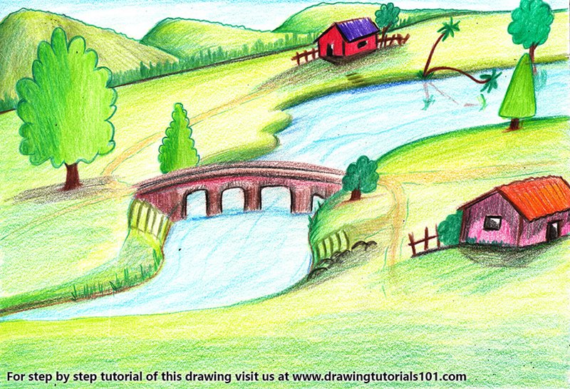 800x546 Village With River Colored Pencils - River Drawing
