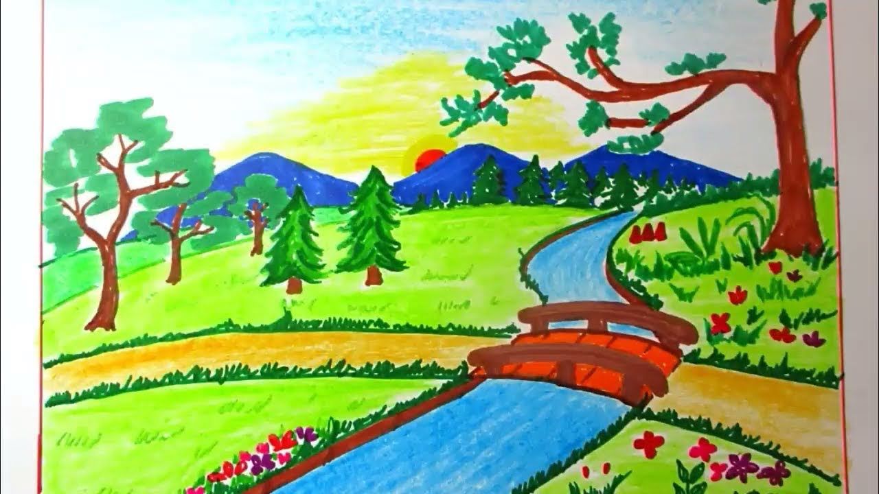 1280x720 Drawing Landscape Of Mountain And River For Kids Scenery Drawing - River Drawing