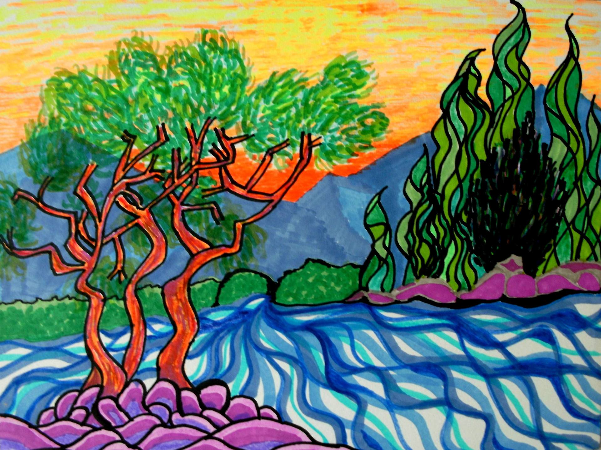 1920x1439 Olive And Cyprees Trees - River Drawing Images