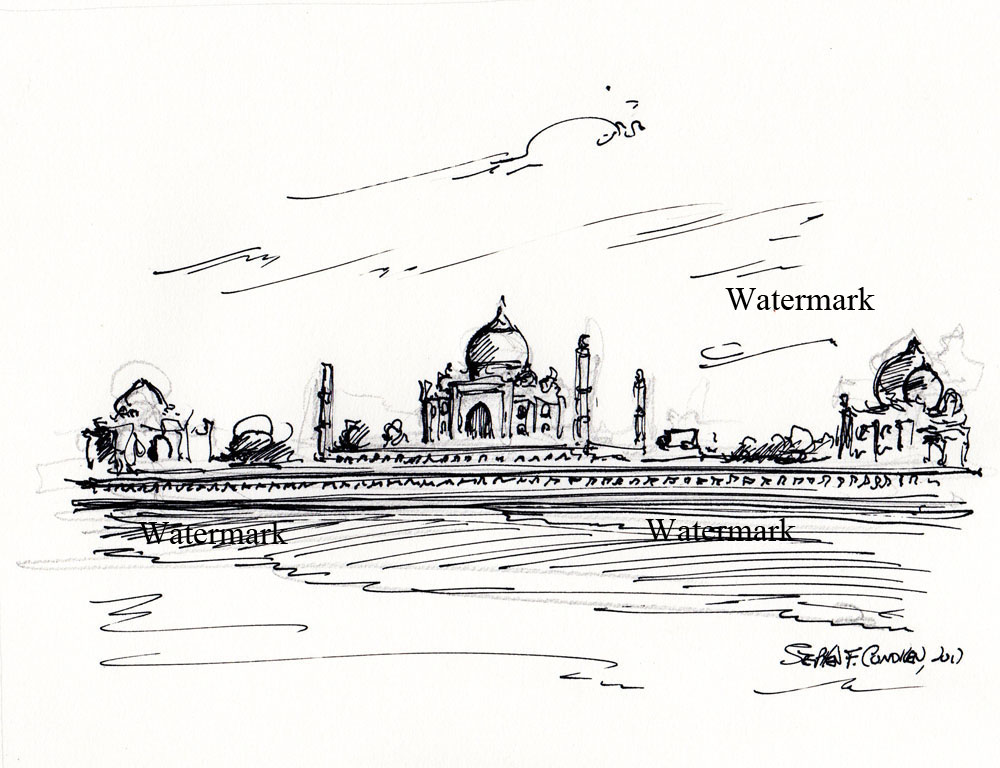 1000x768 Pen Ink Drawing Of The Taj Mahal On The Yamuna River - River Line Drawing