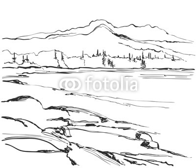 400x343 Vector Illustration Hand Drawn Mountains Sketch Landscape - River Line Drawing