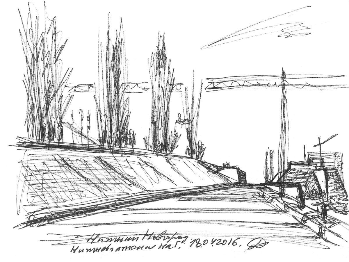1200x901 volga river embankment, april, drawing - River Line Drawing