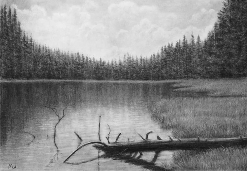 794x550 river landscape original artwork charcoal drawing cloudy sky etsy - River Pencil Drawing
