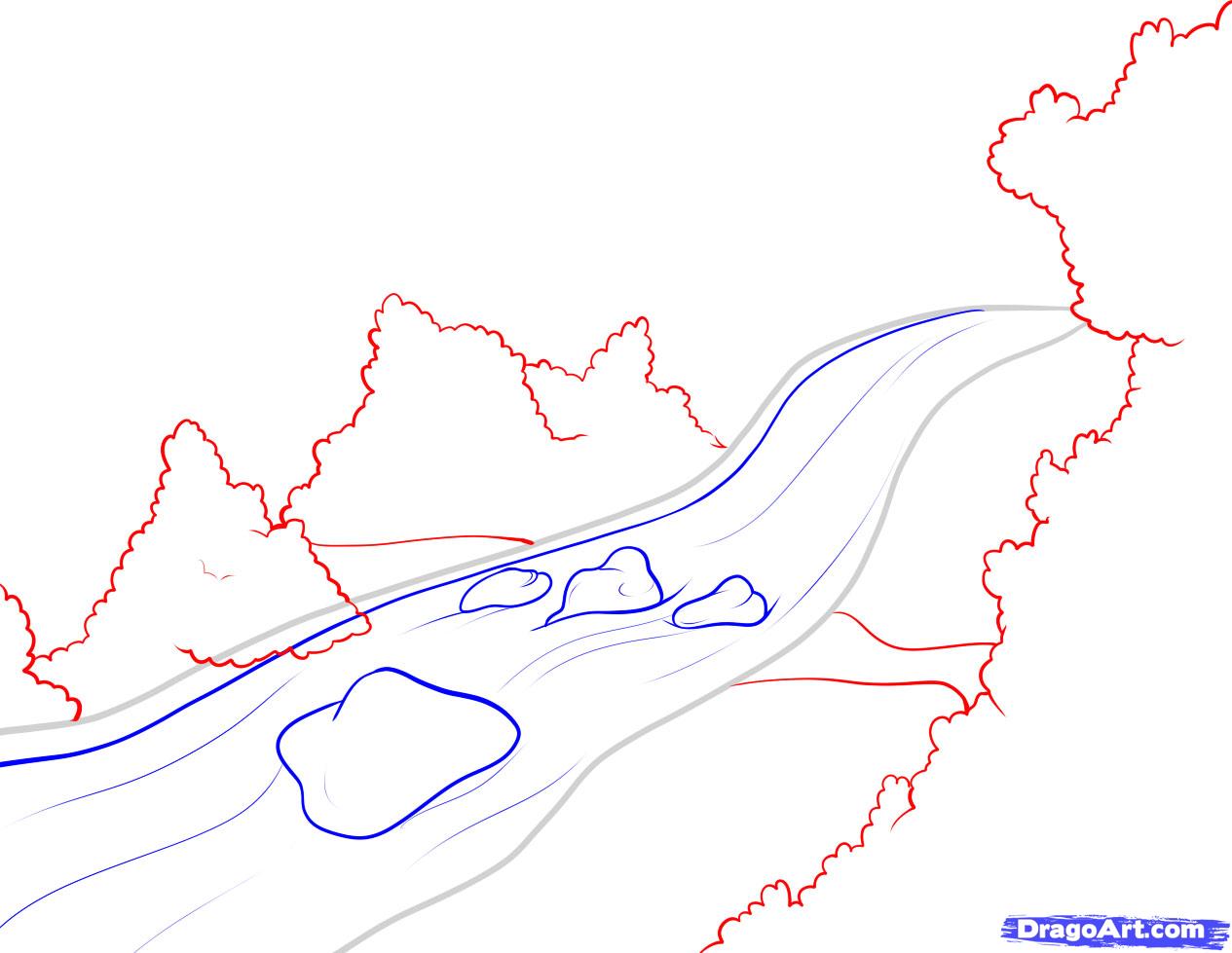 1265x979 how to draw a river, step - Riverbed Drawing