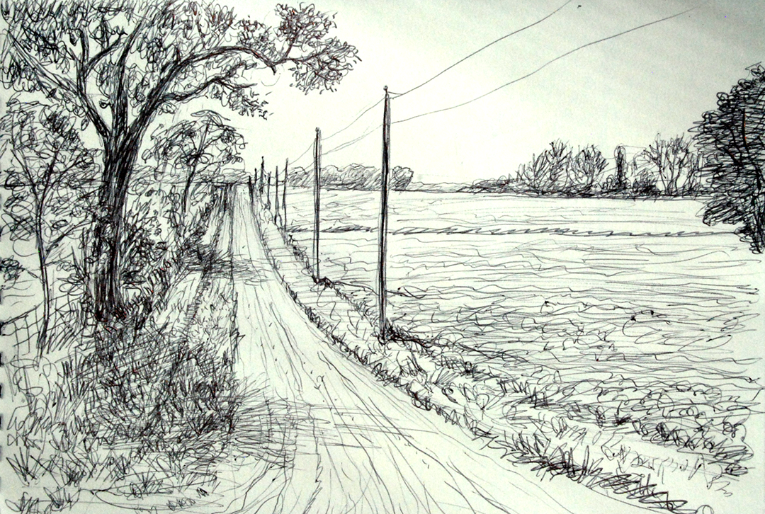 1080x726 farm road, x inch ball point pen sketch - Road Drawing