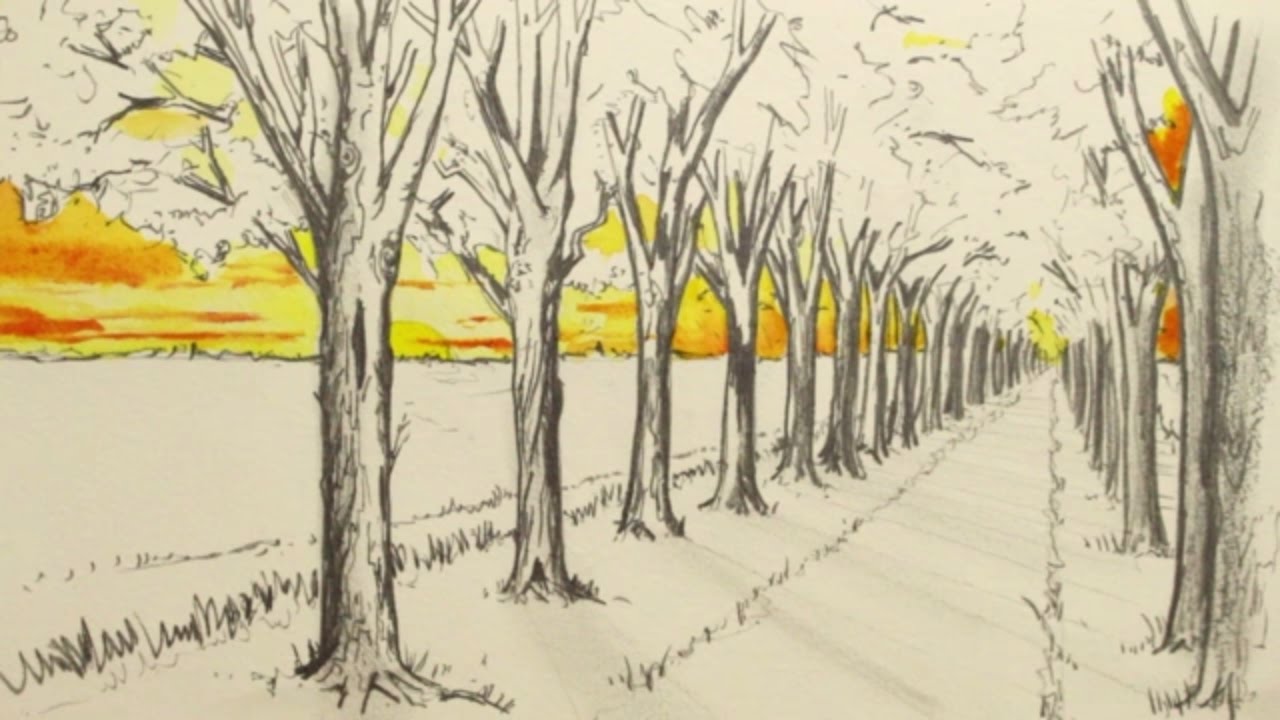 1280x720 how to draw in point perspective narrated a road and trees - Road Drawing