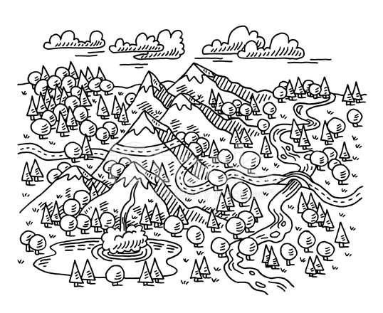 538x440 nature map mountains trees road drawing stock vector - Road Map Drawing