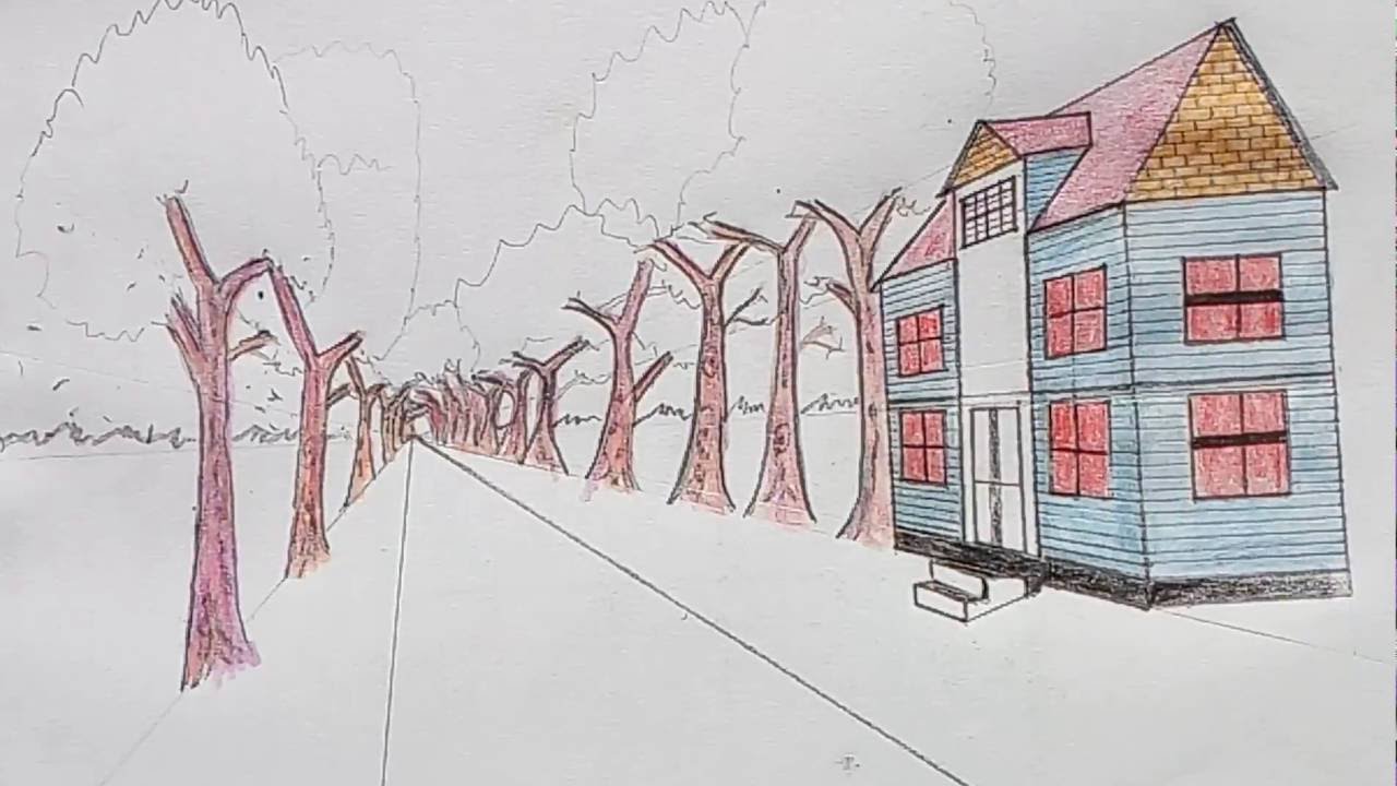 1280x720 how to draw house and trees along the road in one point - Road Perspective Drawing