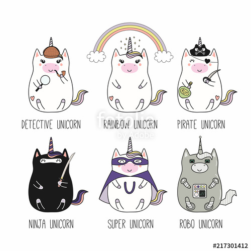 500x500 Set Of Kawaii Funny Fat Unicorns, Detective, Rainbow, Pirate - Robot Line Drawing