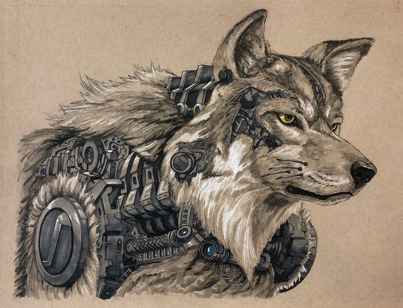 570x436 Biomechanical Steampunk Wolf Robot Etsy - Robot Wolf Drawing