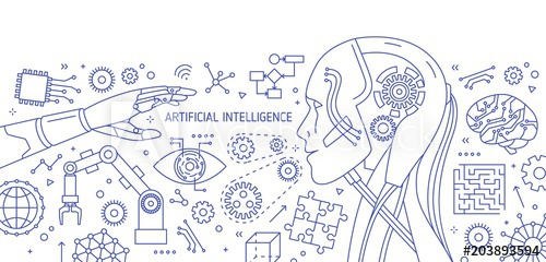 500x240 horizontal monochrome banner with robot, robotic arm, integrated - Robotic Human Arm Drawing