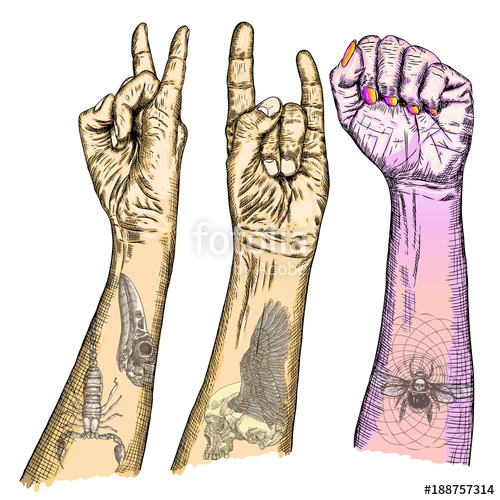 500x500 set of rock and roll music hand sign hand drawn girl and guy - Rock And Roll Hand Drawing