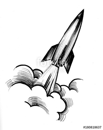 396x500 flying rocket black and white ink drawing stock photo - Rocket Drawing