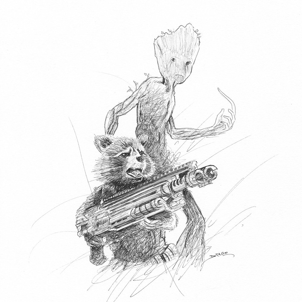 1000x1000 rocket raccoon groot doodle - Rocket Raccoon Drawing