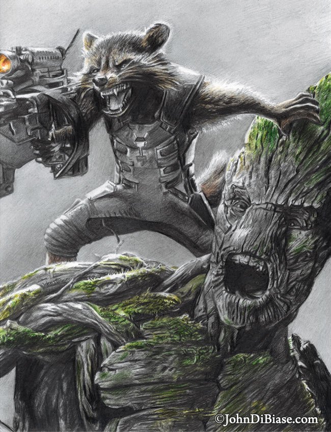 650x849 drawing print of rocket raccoon and groot in guardians of the etsy - Rocket Raccoon Drawing