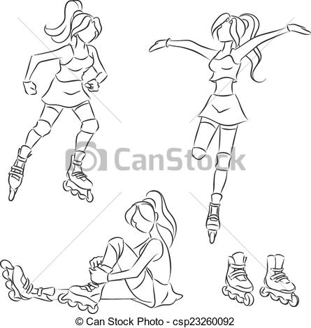 445x470 Woman In Roller Blade Young Sporty Woman Or Girl Skates On Roller - Rollerblade Drawing
