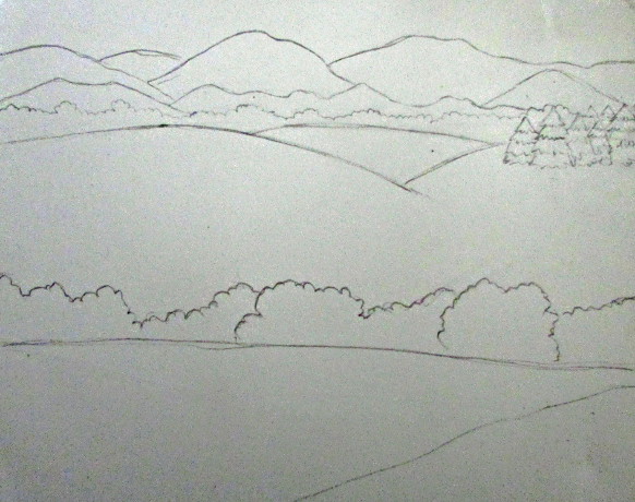 582x460 Color Pencil Landscape Drawing - Rolling Hills Drawing