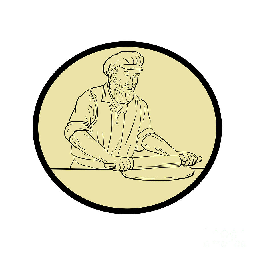 900x900 Medieval Baker Rolling Pin Oval Drawing Digital Art - Rolling Pin Drawing