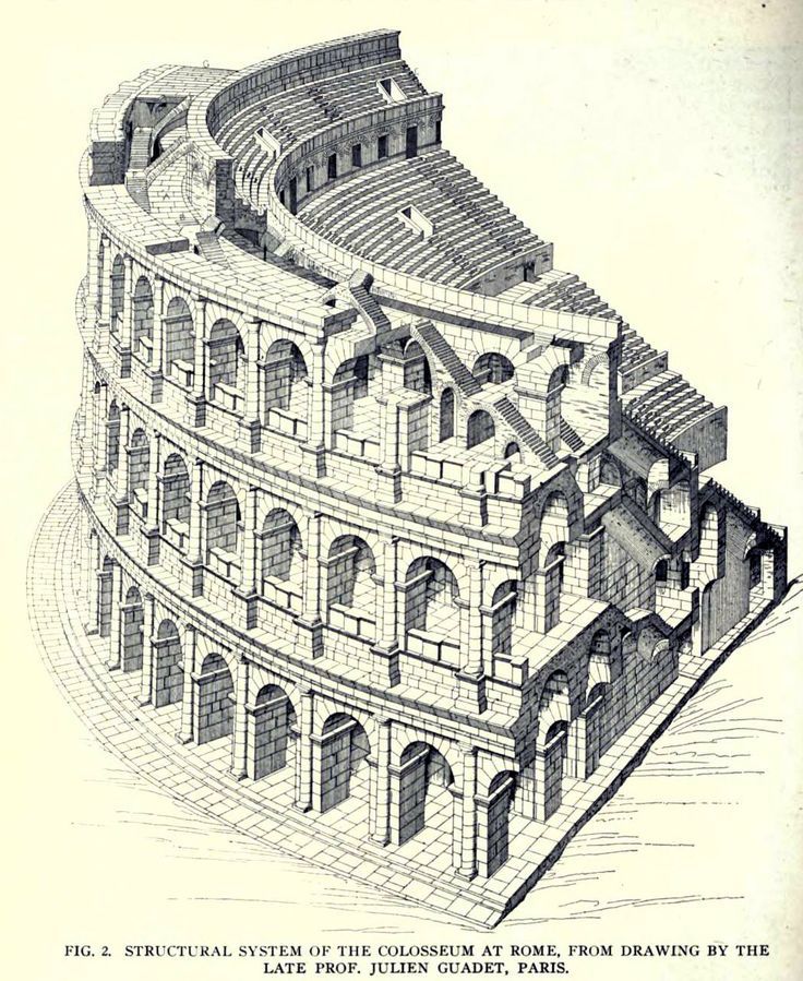 736x899 drawing of the structural system of the colosseum, rome regional - Roman Architecture Drawing