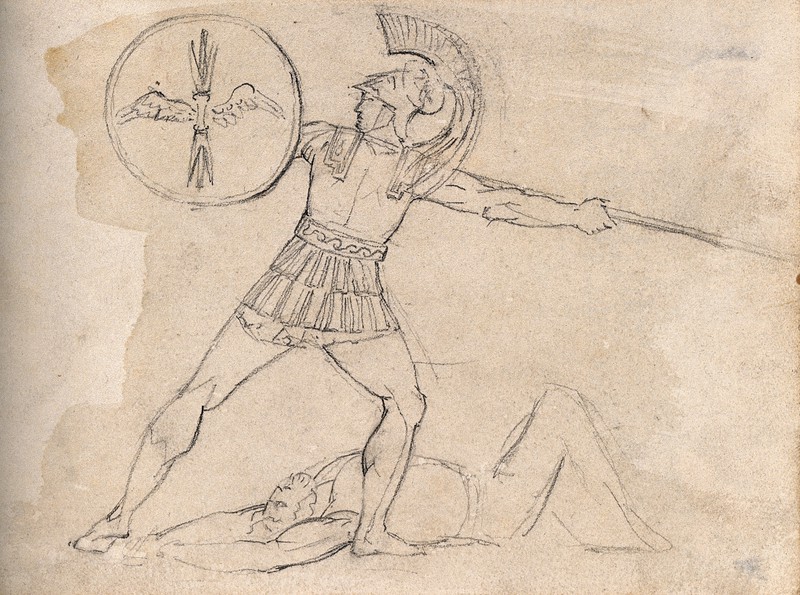 800x595 a roman soldier throws a javelin over a dead body drawing, c - Roman Soldier Drawing