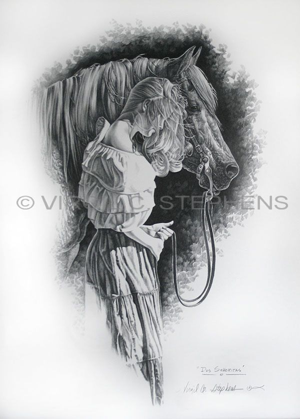 600x838 Romantic Westerh Pencil Drawing Of A Woman And Her Horse - Romantic Drawings