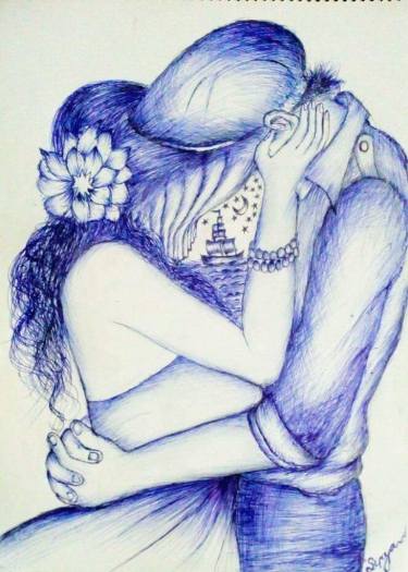 375x525 famous kiss drawing - Romantic Kiss Drawing