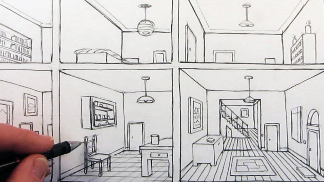 1280x720 How To Draw A Room In One Point Perspective In A House - Room Drawing
