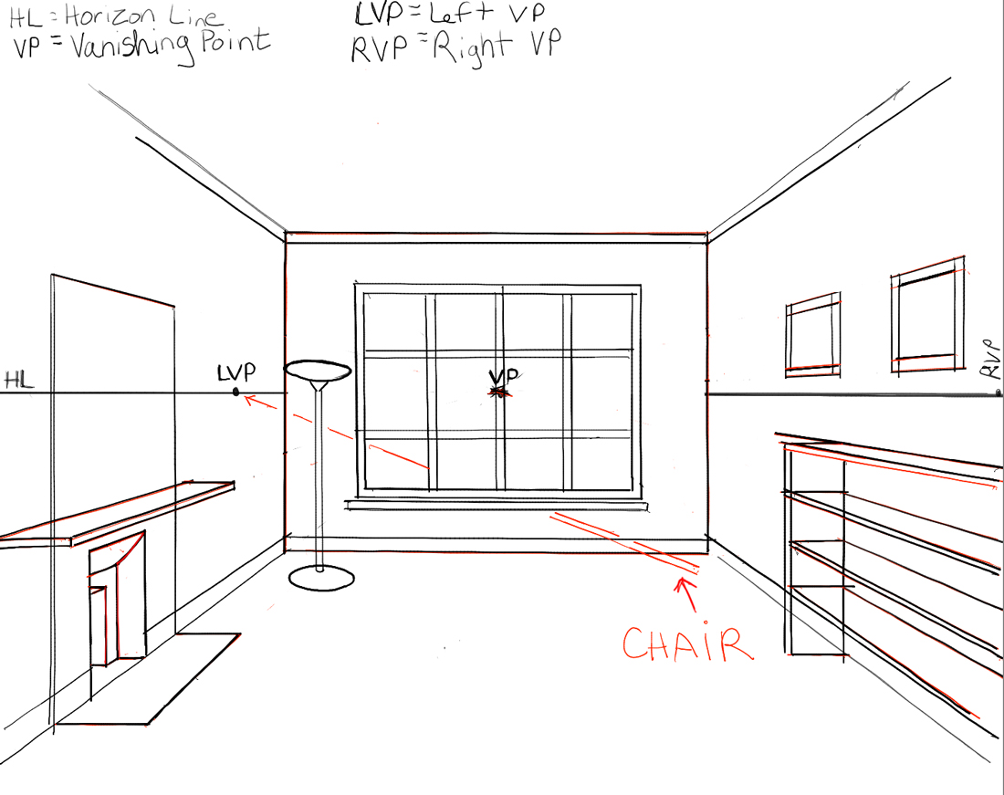 1100x871 How To Draw The Inside Of A Room With Point Perspective - Room Drawing