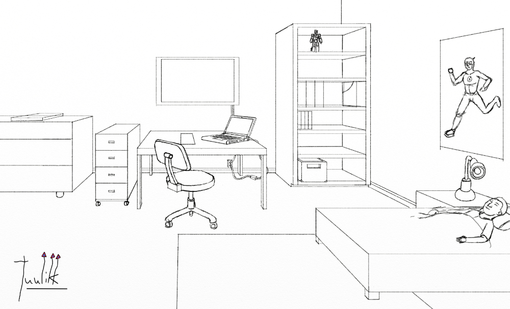 1000x607 Boy Room Line Art And Adding In Details Worlds On Paper - Room Line Drawing