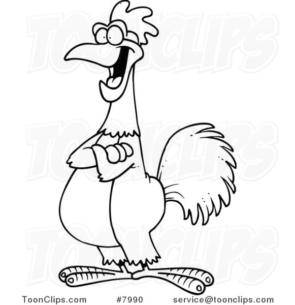 581x600 cartoon black and white line drawing of a happy rooster - Rooster Cartoon Drawing