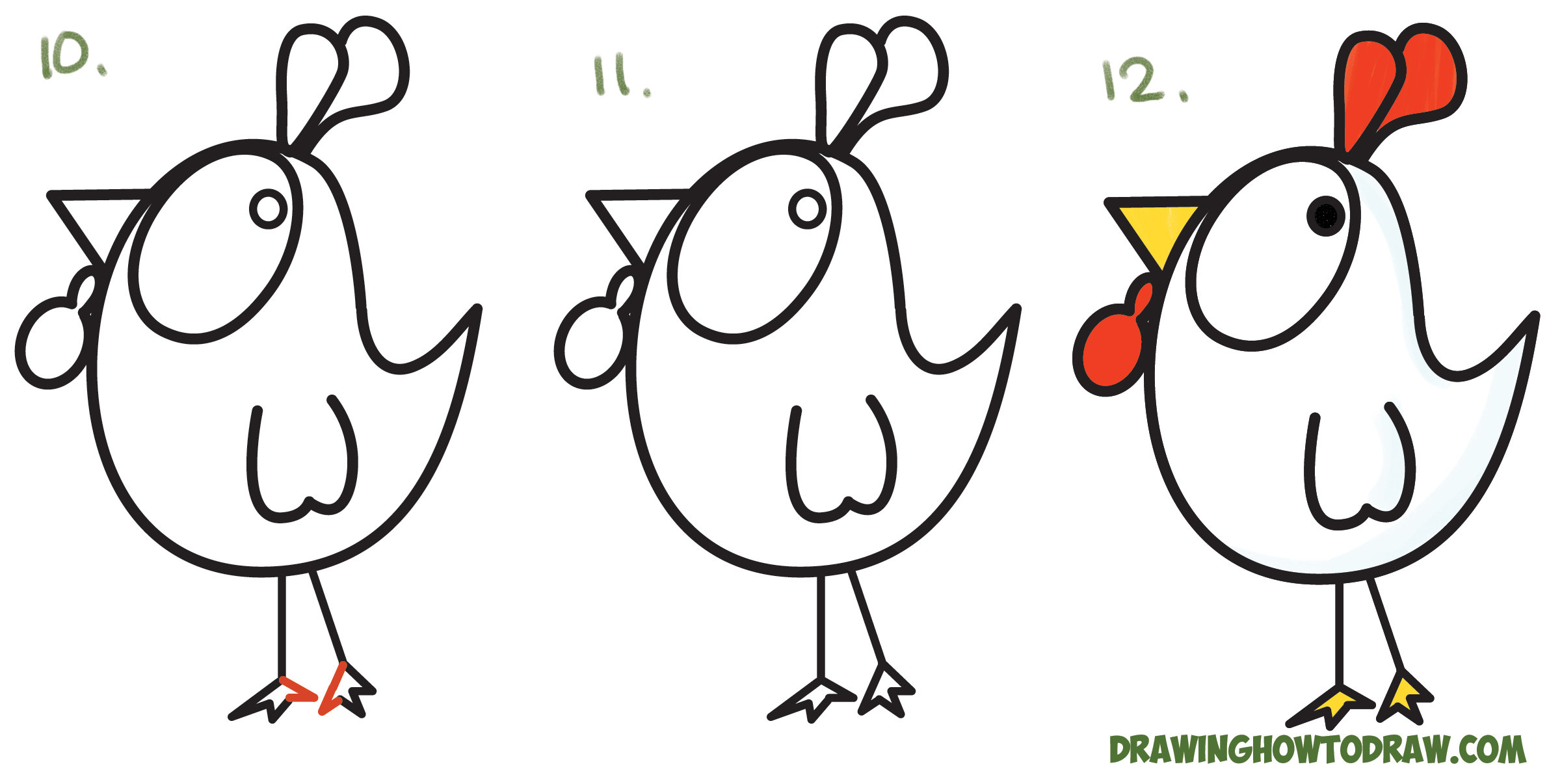 2402x1206 how to draw a cartoon chicken rooster from and ! shapes - Rooster Chicken Drawing