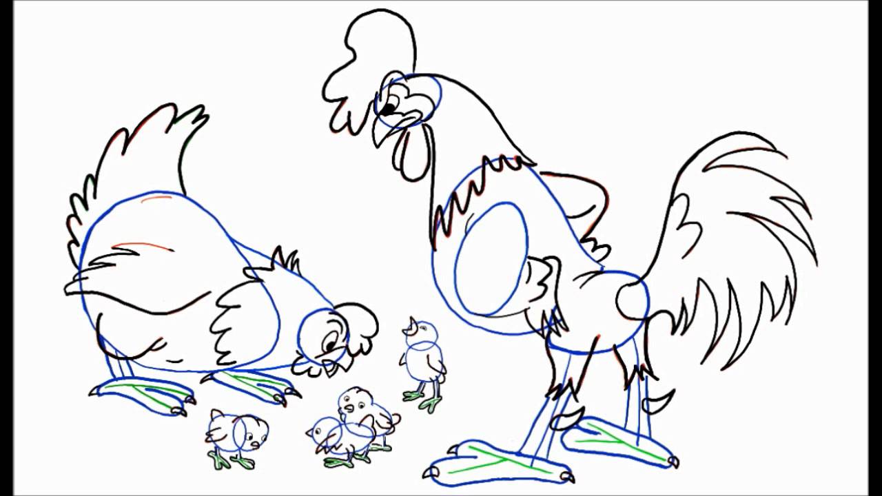 1280x720 how to draw a chicken, a baby chick and a rooster - Rooster Chicken Drawing