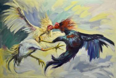 375x254 fight in color - Rooster Fight Drawing