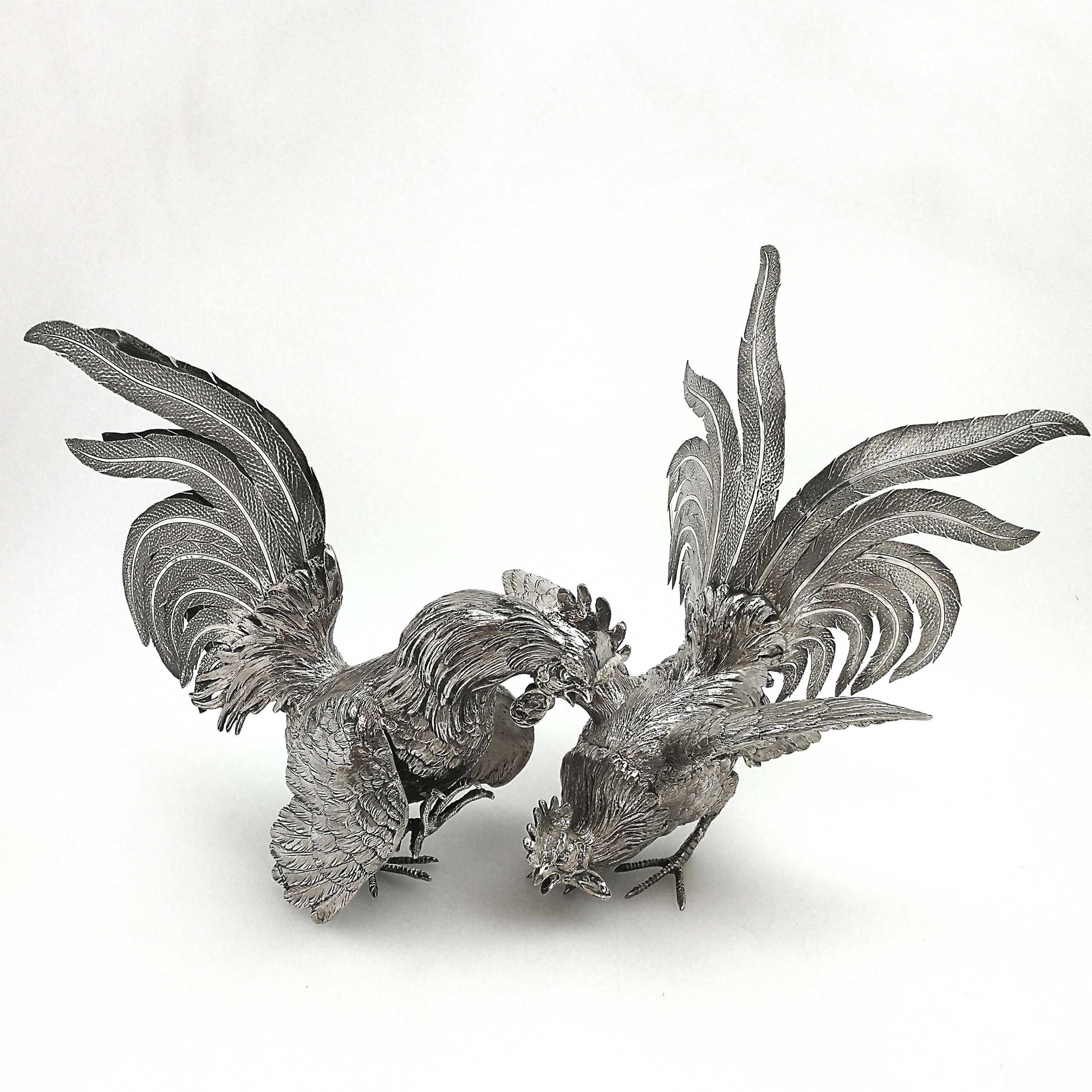 2880x2880 pair sterling silver table fighting cockerels london rooster - Rooster Fight Drawing