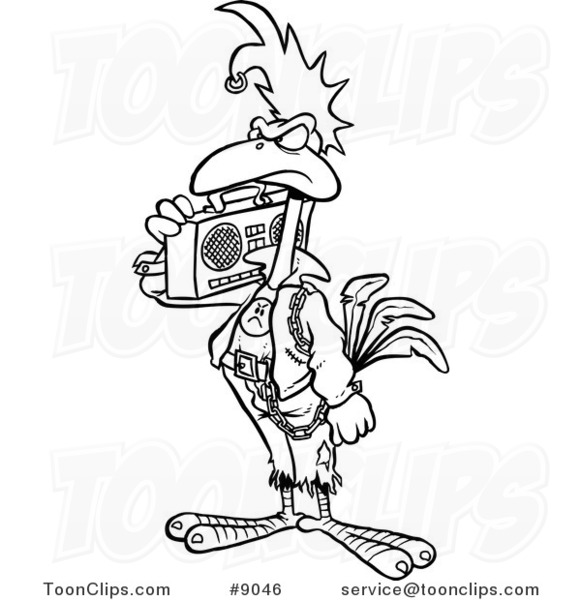 581x600 Cartoon Black And White Line Drawing Of A Punky Rooster - Rooster Line Drawing