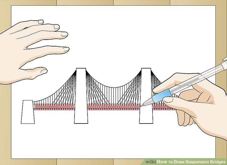 728x529 how to draw suspension bridges steps - Rope Bridge Drawing