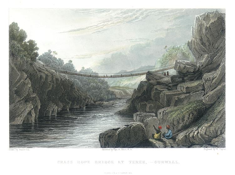 750x559 old and antique prints and maps india, grass rope bridge - Rope Bridge Drawing