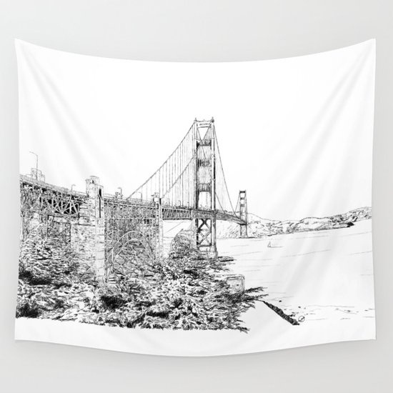 550x550 san francisco golden gate bridge ink drawing wall tapestry - Rope Bridge Drawing