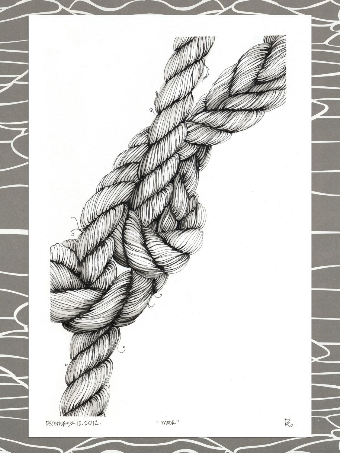 1126x1500 original illustration, moor, nautical knotted rope, mooring - Rope Line Drawing