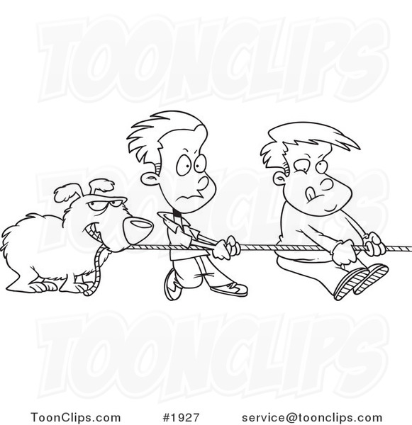 581x600 Cartoon Black And White Line Drawing Of A Dog And Boys Tugging - Rope Line Drawing