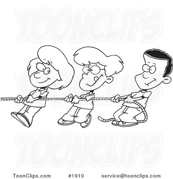 581x600 Cartoon Black And White Line Drawing Of A Girl And Boys Pulling - Rope Line Drawing