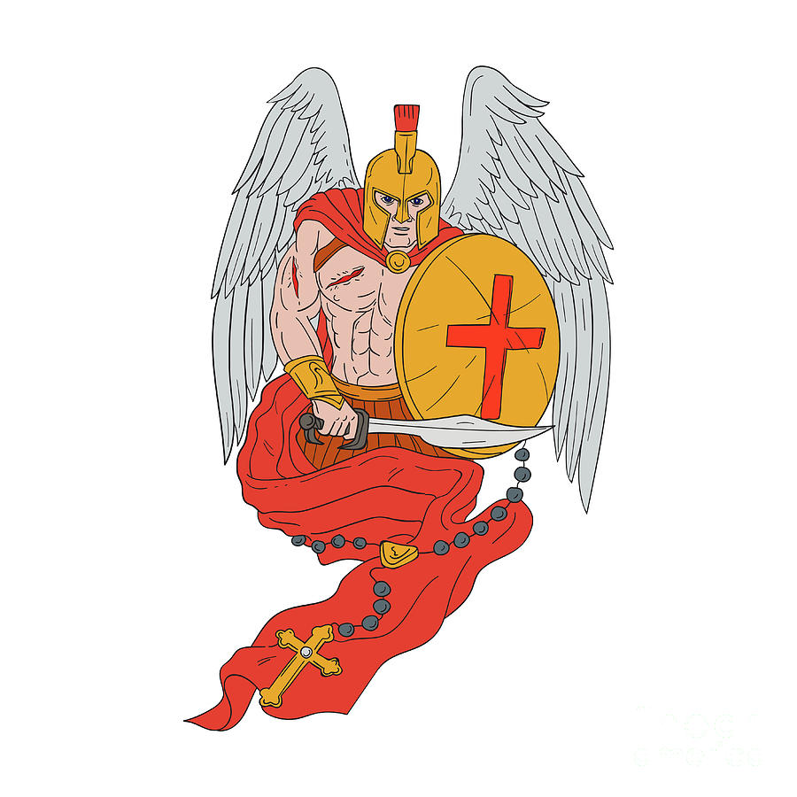 900x900 Spartan Warrior Angel Sword Rosary Drawing Digital Art - Rosary Drawing