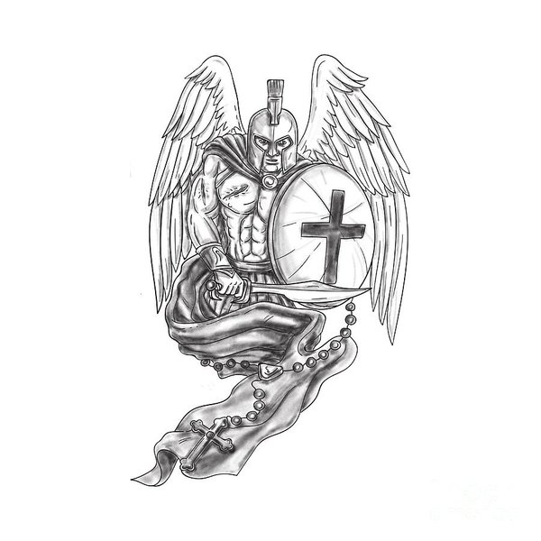 600x600 Spartan Warrior Angel Shield Rosary Tattoo Art Print - Rosary Tattoo Drawing