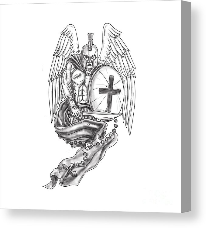 678x750 spartan warrior angel shield rosary tattoo canvas print canvas - Rosary Tattoo Drawing