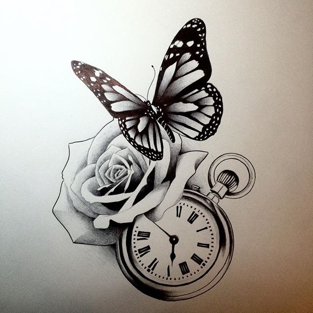 640x640 Everlasting Art Butterfly, Rose And Watch Original Biro Drawing - R...