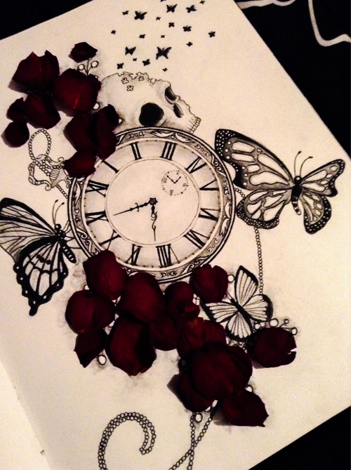 500x669 Rose Peddles And Black And White Sketch On We Heart It - Rose And Butterfly Drawing