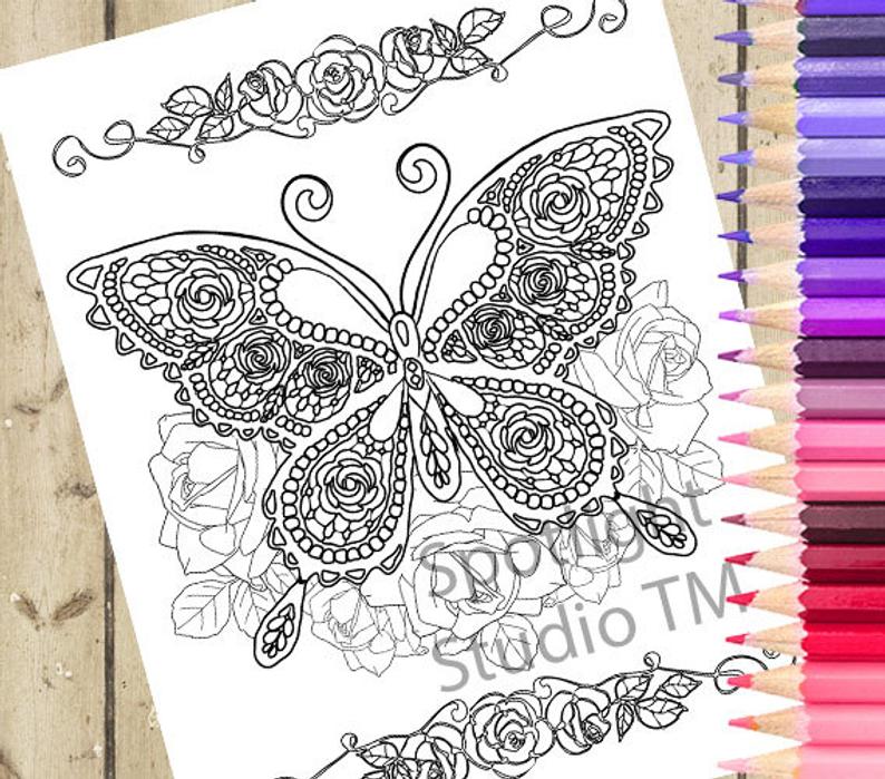 794x699 Butterfly Adult Coloring - Rose And Butterfly Drawing