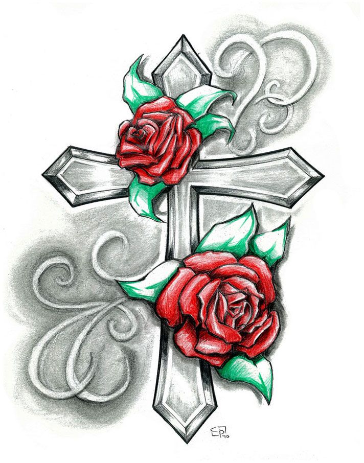 712x906 Red Roses And Cross Tattoo Design For Men - Rose And Cross Drawings