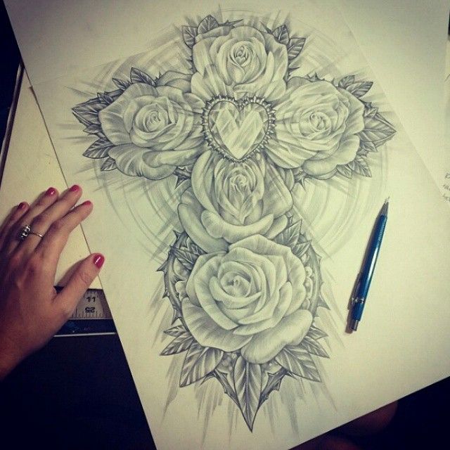 640x640 Rose Cross Pencil Drawing - Rose And Cross Drawings